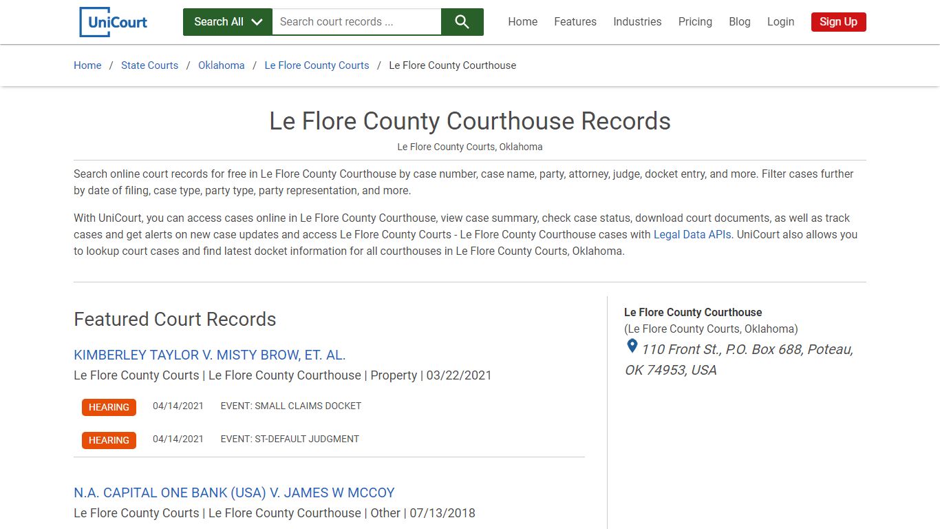 Le Flore County Courthouse Records | Le Flore | UniCourt