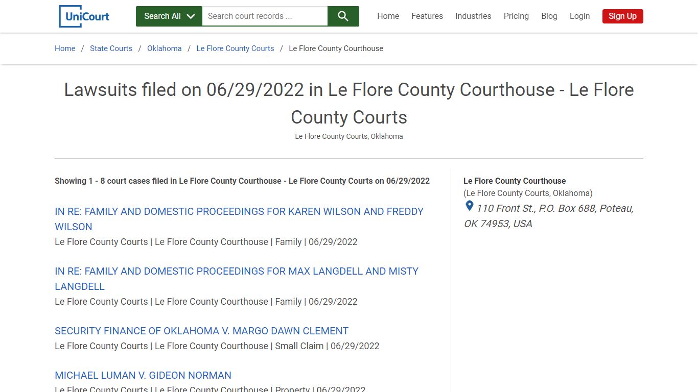 Lawsuits filed on 06/29/2022 in Le Flore County Courthouse - Le Flore ...